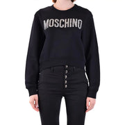 Black Moschino women cotton sweatshirt with round neck and sparkling silver lettering across the chest