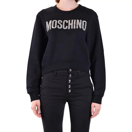 Schwarz Moschino Damen-Baumwoll-Sweatshirt mit Rundhalsausschnitt und glitzerndem silbernen Schriftzug auf der Brust