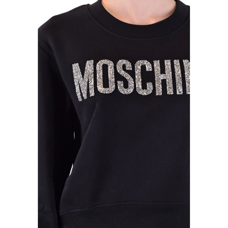 Black Moschino cotton sweatshirt with sparkling silver logo across the chest and round neck for women