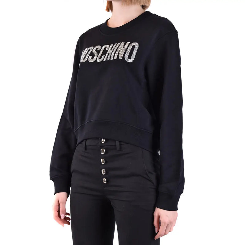 Moschino women cotton sweatshirt black with round neck and sparkling silver lettering across the chest