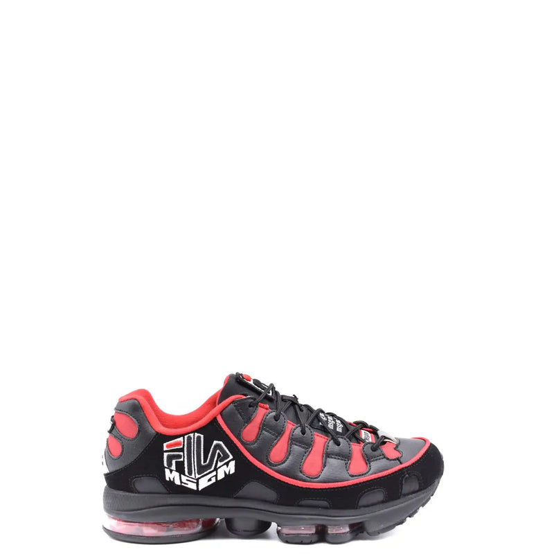 Msgm men sneakers in black leather and nylon featuring black and red fila collaboration with transparent air sole