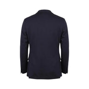 Mulish Herrenanzug mit Leopardenmuster aus blauem Baumwollmischgewebe, bestehend aus einem eleganten, taillierten, marineblauen Blazer mit dezenter Struktur und V-Ausschnitt.