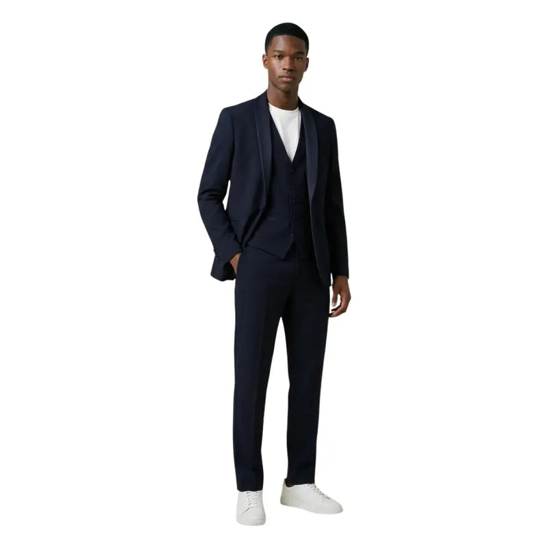 Marineblau mulish Herrenanzug, schmal geschnitten, dreiteilig, aus Polyester-Viskose mit Satinrevers, maßgeschneidert für formelle Anlässe