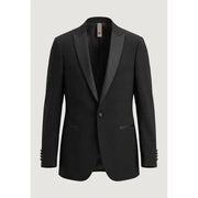 Mulish Schwarzer Herrenanzug, schmal geschnittenes Smoking-Sakko aus Polyester-Viskose mit Satinrevers und farblich abgestimmten Knopflöchern.