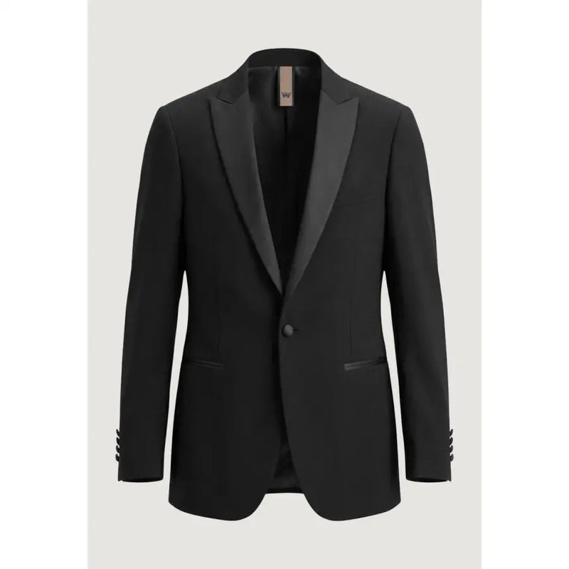 Mulish Schwarzer Herrenanzug, schmal geschnittenes Smoking-Sakko aus Polyester-Viskose mit Satinrevers und farblich abgestimmten Knopflöchern.