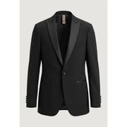 Mulish men suit black slim fit polyester viscose tuxedo jacket with satin lapels and matching buttonhole details