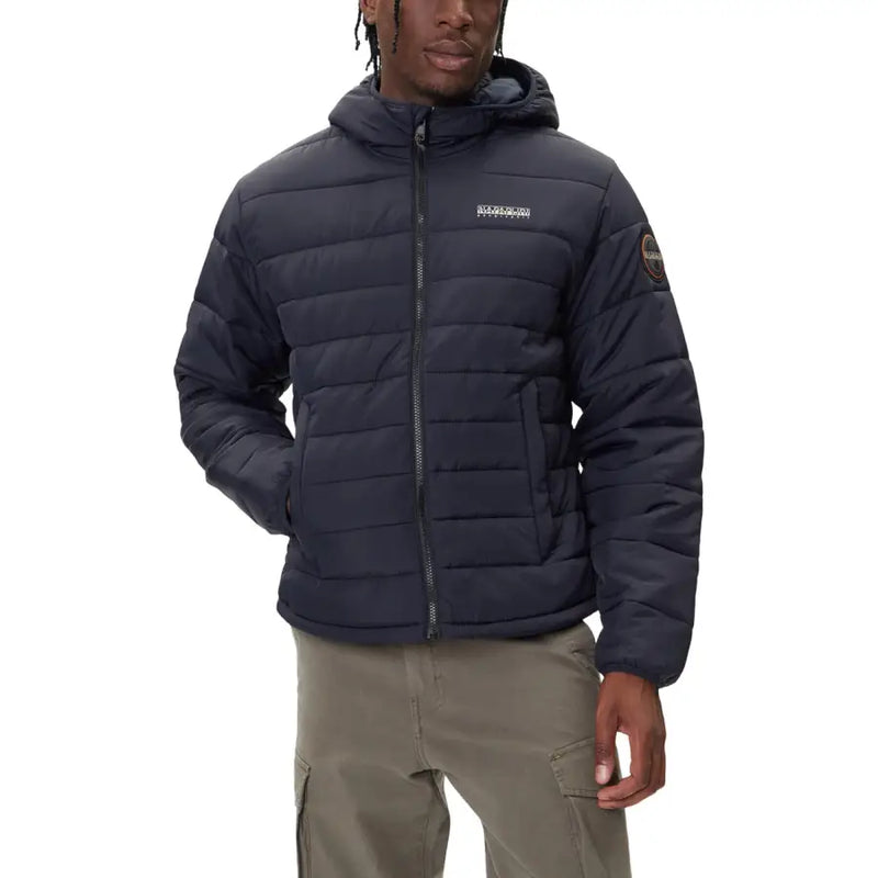 Navy blue down jacket with hood and quilted design, featuring the patagonia logo.