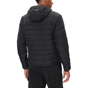 Black puffer jacket with hood and quilted design, likely made of synthetic material for warmth.