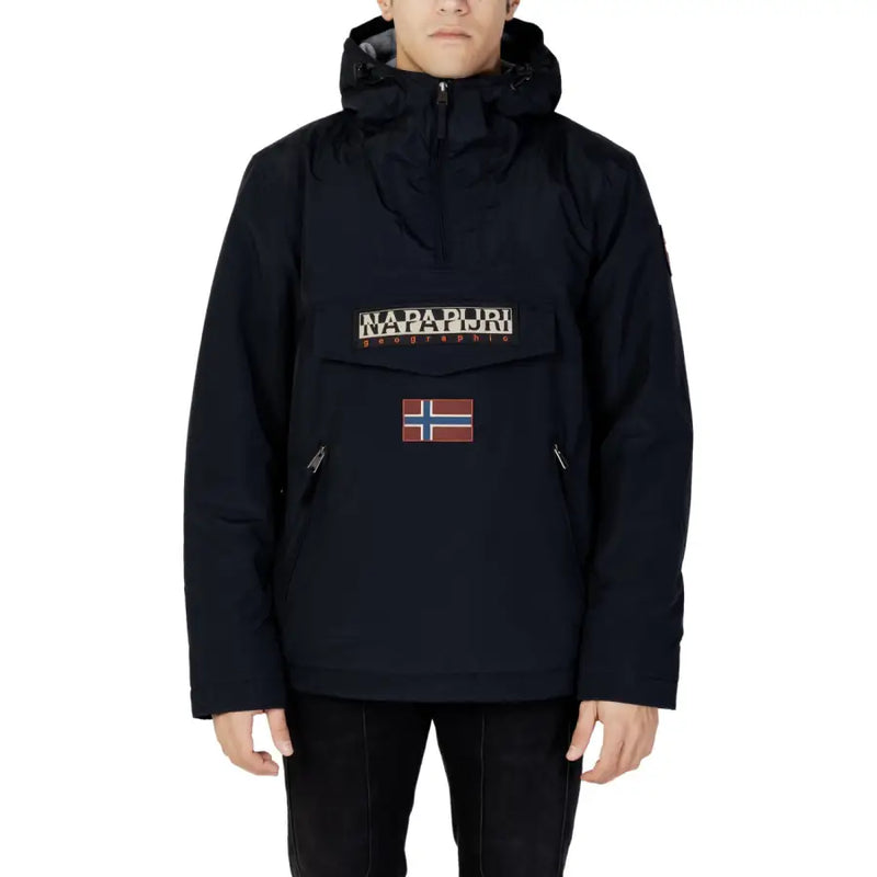 Napapijri navy blue anorak jacket with hood and norwegian flag patch.