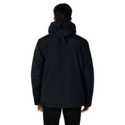 Black puffer jacket with hood and zipper closure.