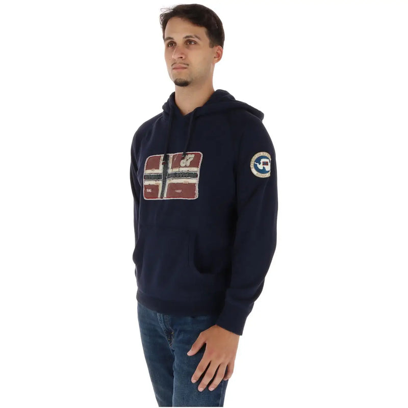 Napapijri Herren-Hoodie aus blauer Baumwolle mit marineblauer Kapuze und Aufnähern mit norwegischer Flagge und Logo im Used-Look