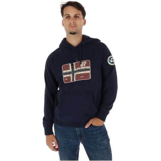 Marineblauer Baumwoll-Hoodie von Napapijri mit einer abgenutzten norwegischen Flagge und einem runden Ärmelaufnäher