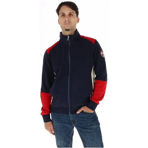 Napapijri Herren-Sweatshirt aus blauer Baumwolle mit Rollkragen, marineblaue und rote Fleecejacke mit Reißverschluss und Logo-Patch am linken Ärmel