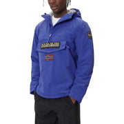 Royal blue anorak jacket with a hood and patch detailing, inspired by the norwegian flag.