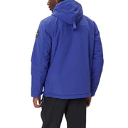 Royal blue waterproof jacket with hood and patch on sleeve, possibly north face model.