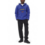 Royal blue anorak jacket with hood and logo patch, likely made of nylon or polyester material.