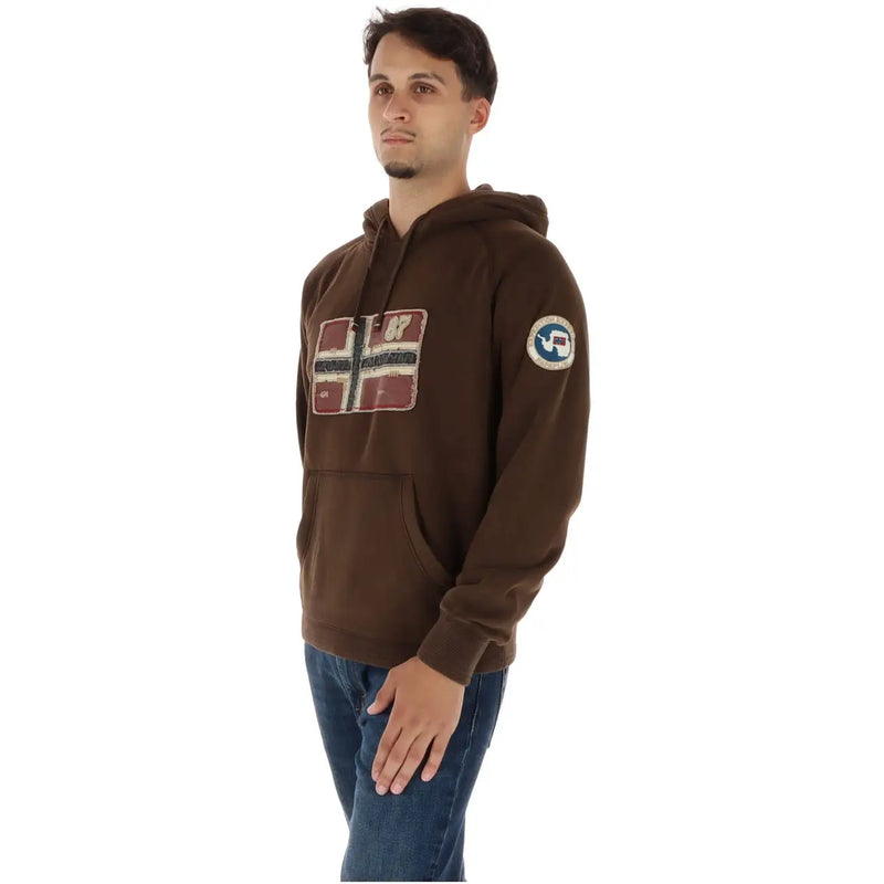 Napapijri Brauner Herren-Hoodie aus Baumwolle mit aufgenähter norwegischer Flagge im Used-Look auf der Brust und rundem Logo-Patch am Ärmel