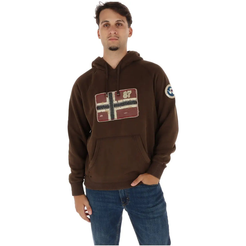 Napapijri Brauner Herren-Hoodie aus Baumwolle mit aufgenähter norwegischer Flagge im Used-Look und rundem Logo-Patch am Ärmel
