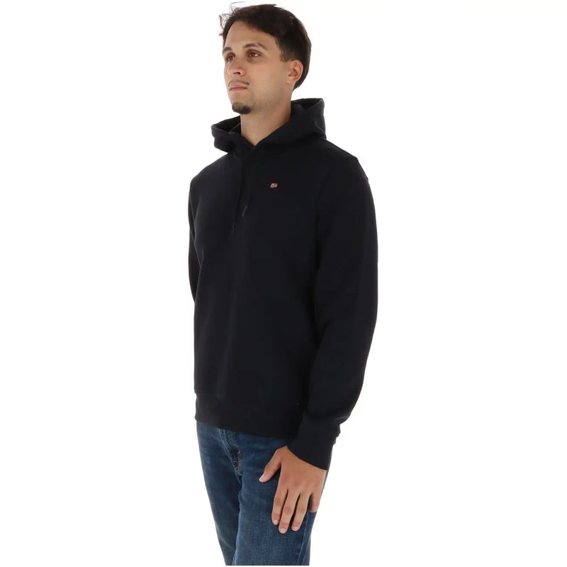 Napapijri Schwarzer Herren-Baumwollhoodie mit Kapuze und kleinem rot-weißem Logo auf der linken Brust