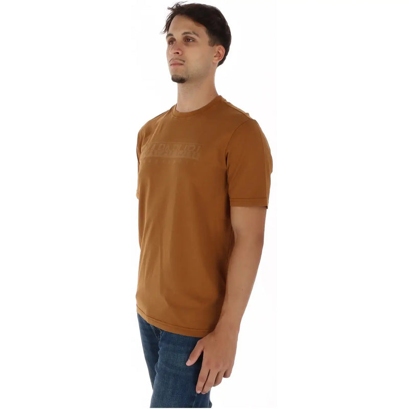 Napapijri Herren-Baumwoll-T-Shirt in Kamelfarbe mit Rundhalsausschnitt, senffarbenem Stoff und dezentem Ton-in-Ton-Logo auf der Brust
