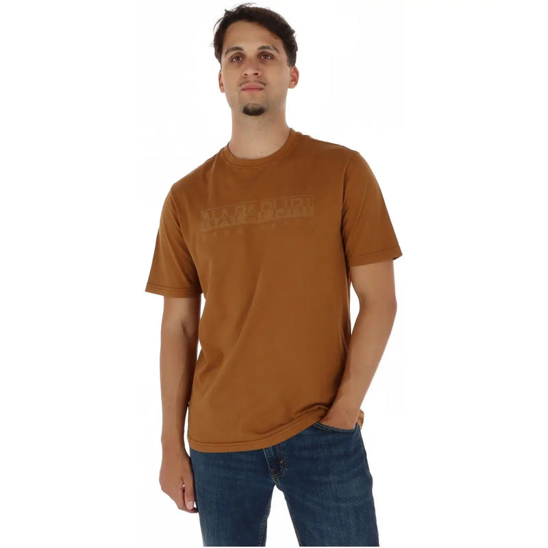 Napapijri Herren-Baumwoll-T-Shirt, kamelfarben, Rundhalsausschnitt, kurzärmelig, mit dezentem, verwaschenem Logo auf der Brust
