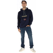 Napapijri Herren-Hoodie aus marineblauem Baumwollfleece mit grauen Kordelzügen, gesticktem Norwegen-Logo und Flaggenaufnäher auf der Brust