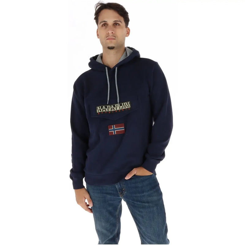 Marineblau napapijri Herren-Hoodie aus Baumwollfleece mit grauen Kordelzügen, hellgrauem Futter, goldenem Logo und norwegischem Flaggenaufnäher