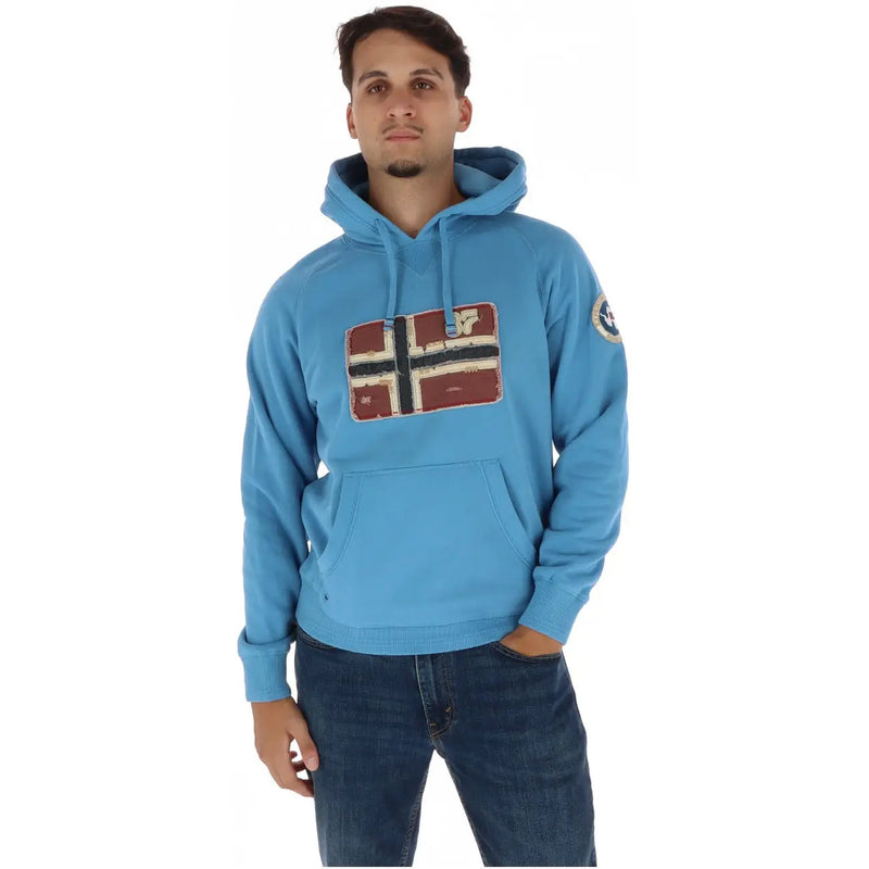 Napapijri Herren-Hoodie, hellblauer Baumwoll-Sweatshirt mit aufgenähter norwegischer Flagge im Used-Look und rundem Logo-Emblem am Ärmel