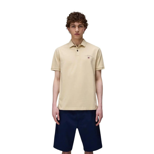 Beige short-sleeved cotton polo shirt by Napapijri for men with subtle embroidered logo on the chest