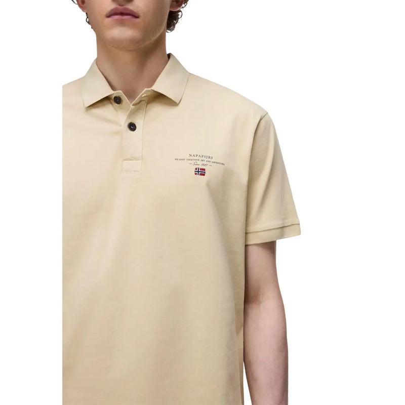 Beige Napapijri men polo shirt with black buttons and embroidered logo made of cotton short sleeve fabric