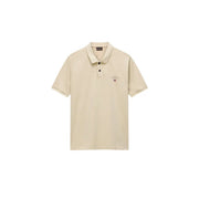 Napapijri men polo shirt short sleeve yellow cotton featuring a beige polo with black buttons and embroidered logo
