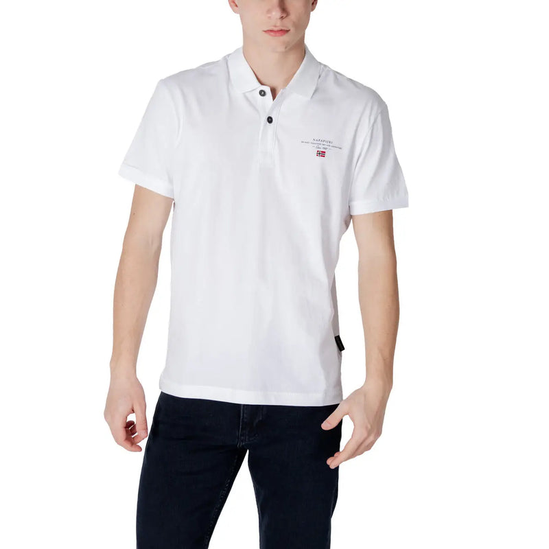 Napapijri men polo shirt short sleeve white cotton with black buttons and small embroidered logo on left chest