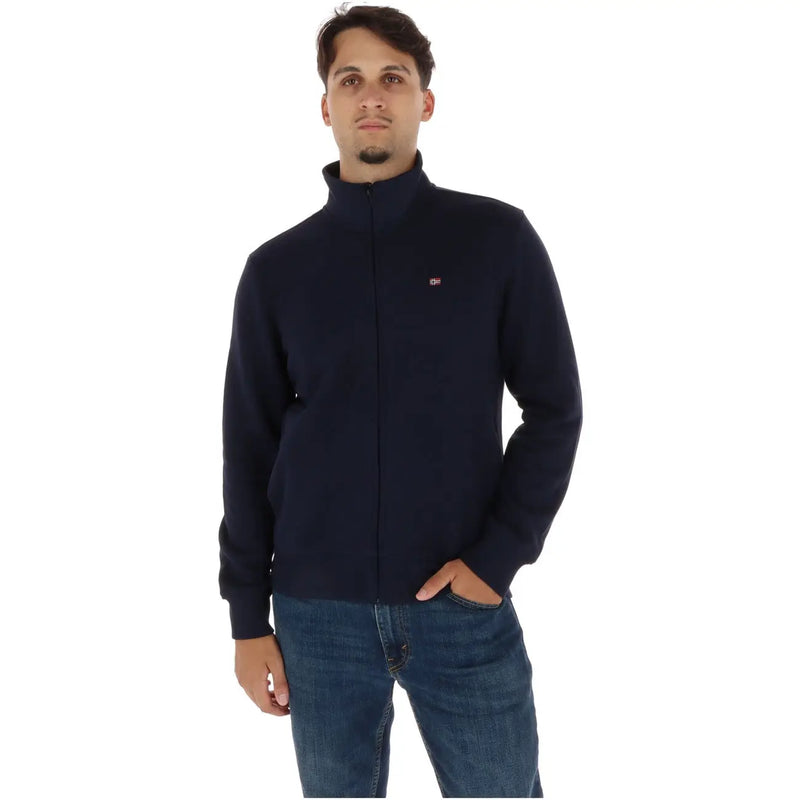 Marineblau Napapijri Herren-Fleecejacke mit durchgehendem Reißverschluss, Baumwollrollkragen und gesticktem Logo auf der linken Brust