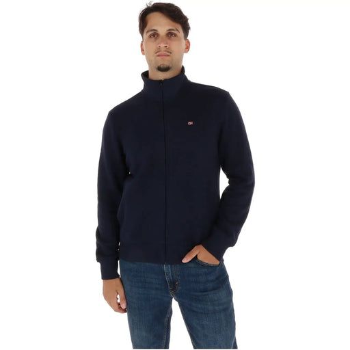 Marineblau Napapijri Herren-Fleecejacke mit durchgehendem Reißverschluss, Baumwollrollkragen und gesticktem Logo auf der linken Brust