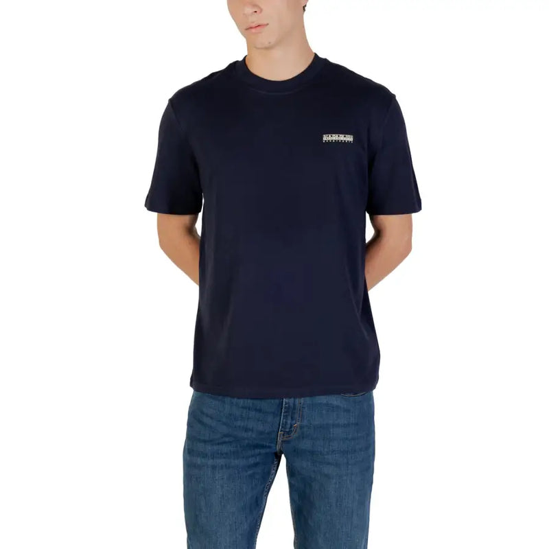 Marineblaues Kurzarmhemd Napapijri Männer t-shirt mit kleinem weißen Logo aus Baumwollstoff auf der linken Brust