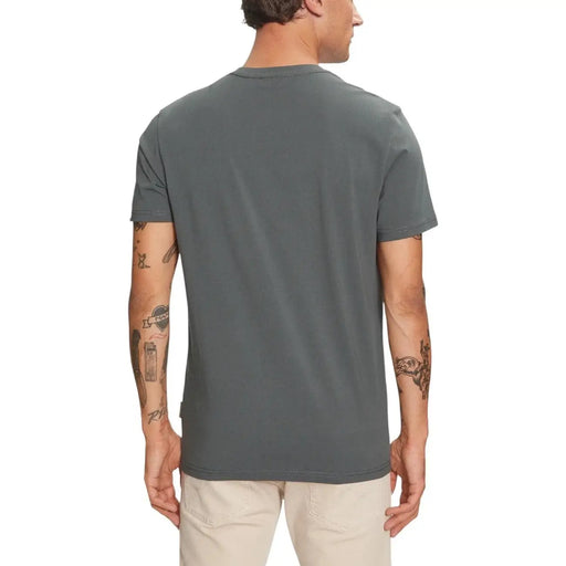 Napapijri men t-shirt featuring a dark gray textured fabric with short sleeves and a minimalistic crew neck design