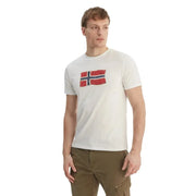 Napapijri Herren-T-Shirt, weiß, Baumwolle, Kurzarm, Rundhalsausschnitt, mit abgenutztem rot-blauem norwegischem Flaggenmotiv auf der Brust