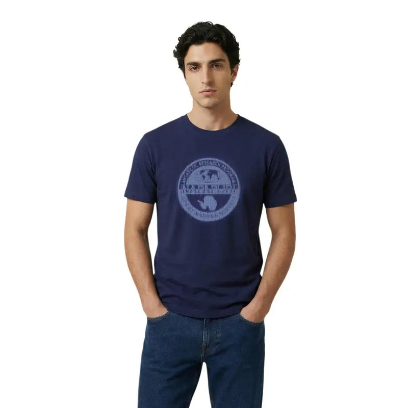 Marineblau Napapijri Herren-T-Shirt mit verwaschenem, kreisförmigem Grafikprint, kurzen Ärmeln, hellblau, aus Baumwolle, Rundhalsausschnitt