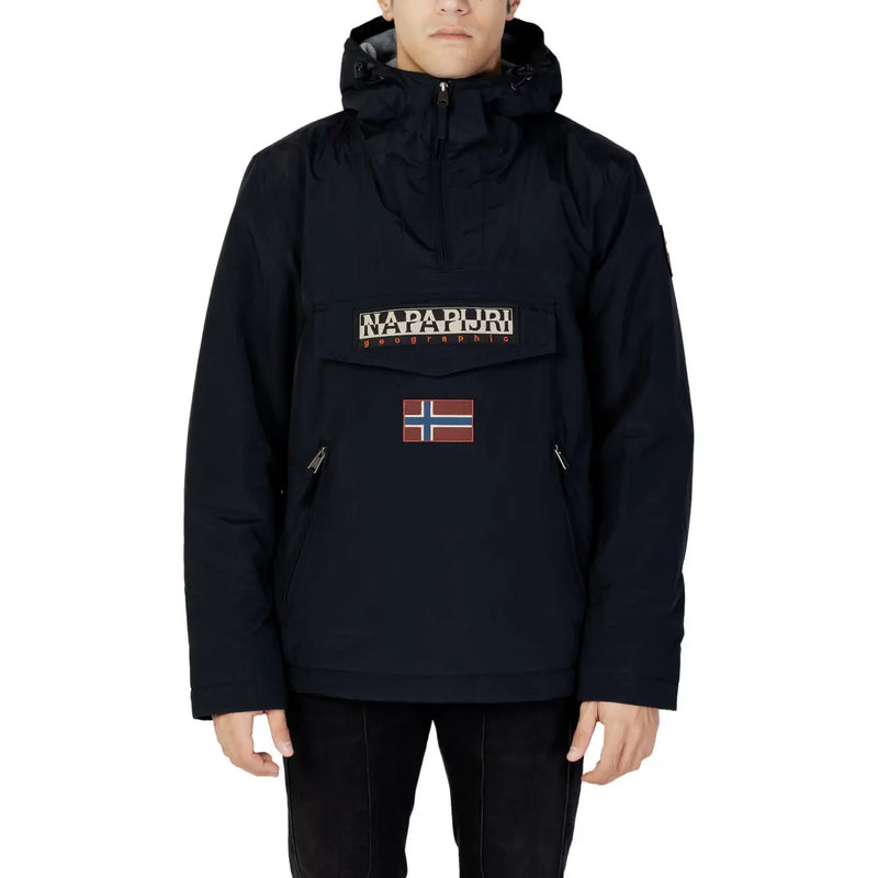 Napapijri Schwarze Steppjacke für Herren mit Brusttasche und Aufnäher der norwegischen Flagge, Vorderansicht