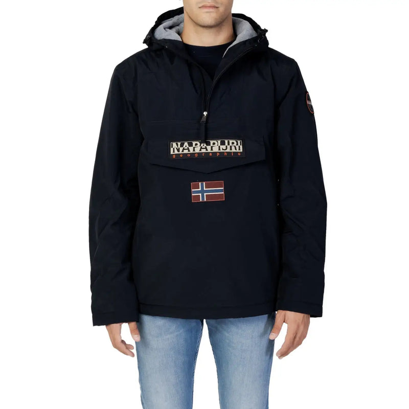 Napapijri Schwarze Steppjacke für Herren mit grau gefütterter Kapuze und Frontreißverschluss, Vorderansicht