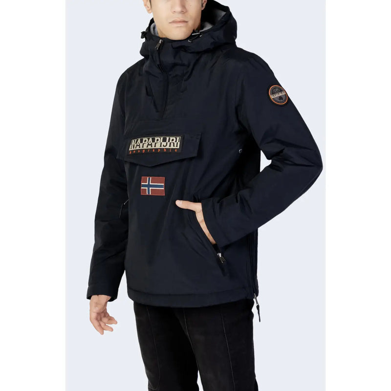 Napapijri Schwarze Steppjacke für Herren mit Frontaufnäher mit Markennamen und norwegischer Flagge, Vorderansicht