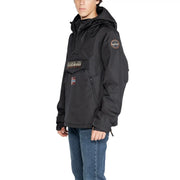 Napapijri Schwarze Steppjacke für Herren mit Kapuze, Reißverschluss und Markenlogo auf der Brust, Vorderansicht