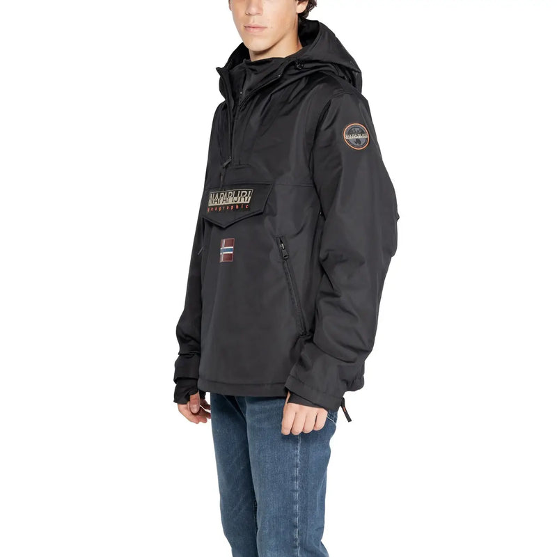 Napapijri Schwarze Steppjacke für Herren mit Kapuze, Reißverschluss und Markenlogo auf der Brust, Vorderansicht