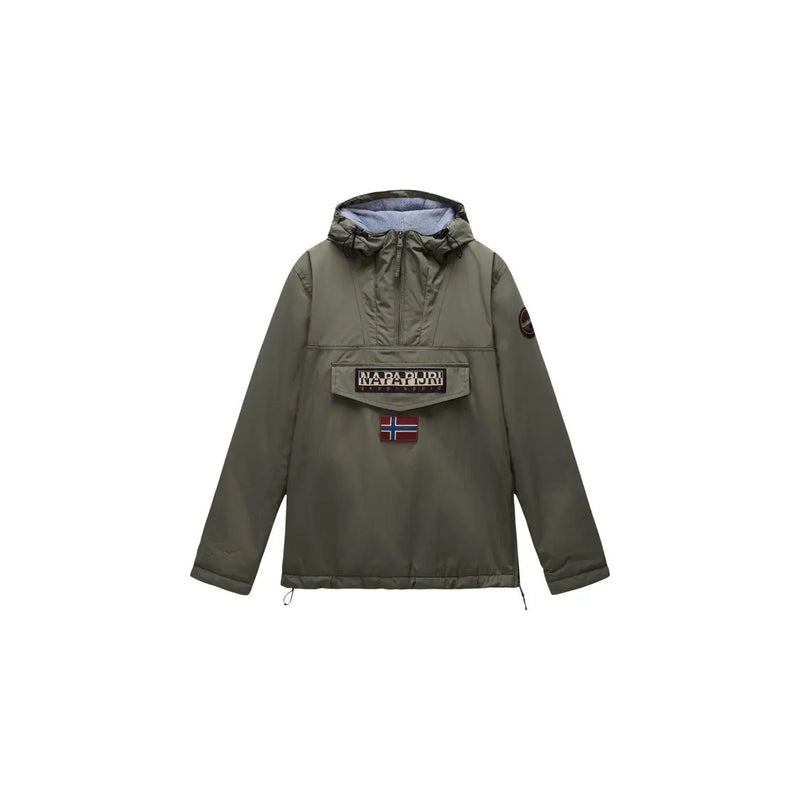 Napapijri Steppjacke Rainforest Winter 3 für Herren in Olivgrün mit aufgesetzter Vordertasche und hellblauem Kapuzenfutter (Vorderansicht)
