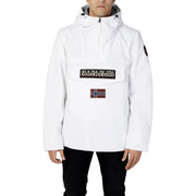 Napapijri Weiße Steppjacke für Herren mit schwarzem und goldenem Logo-Patch und grauem Kapuzenfutter, Vorderansicht