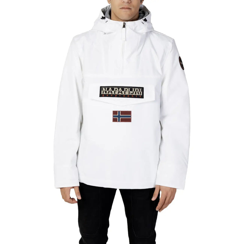 Napapijri Weiße Steppjacke für Herren mit schwarzem und goldenem Logo-Patch und grauem Kapuzenfutter, Vorderansicht