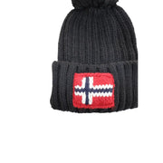 Napapijri Schwarze, gerippte Wollmütze für Herren mit rot-weiß-blauem norwegischem Flaggenaufnäher, Vorderansicht