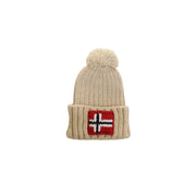 Napapijri Wollmütze für Herren in Beige mit norwegischem Flaggenaufnäher und Bommel top, Vorderansicht