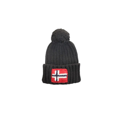 Napapijri Schwarze Wollmütze für Herren mit norwegischer Flagge und passendem Bommel am Ärmelaufschlag (Vorderansicht)
