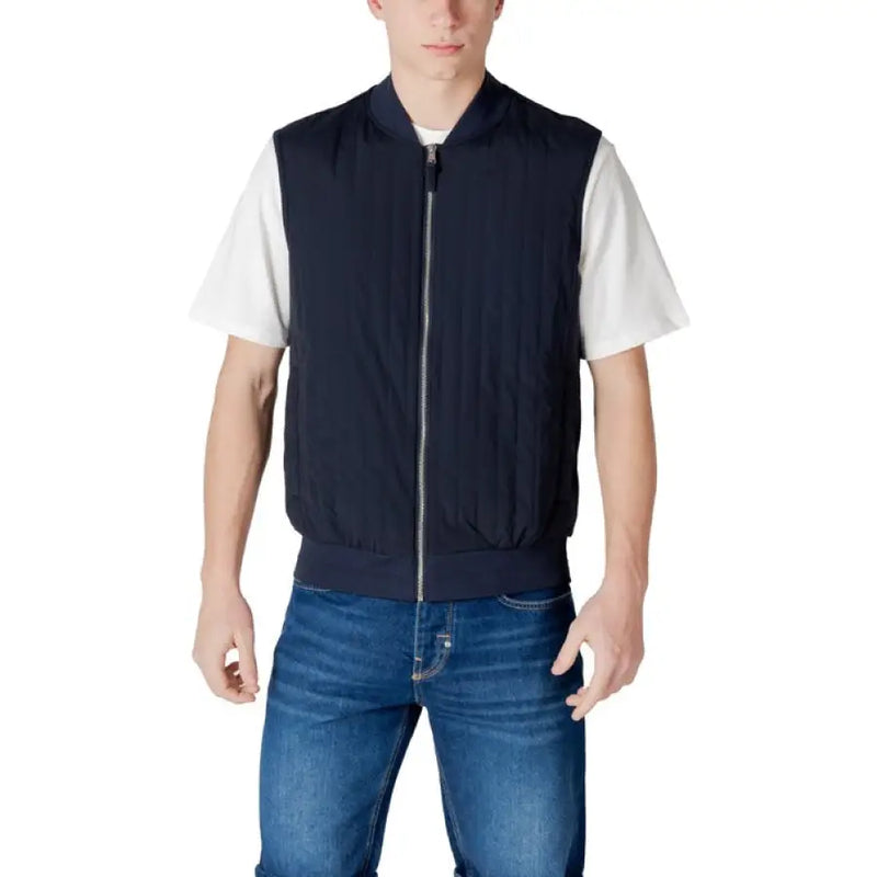 Navy blue bomber vest featured in Light Gray Vest and Shorts Set for stylish layering